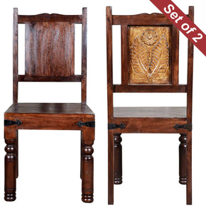Transitional Style Floral Carved Mango Wood Dining Chair Set of 2