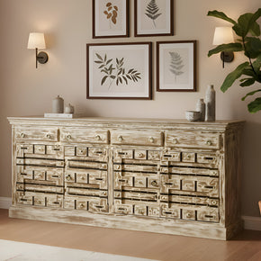 Rustic Solid Wood 4-Door Credenza With Metal Strap Accents