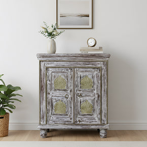 Distressed White 2 Door Small Cabinet With Brass Accents