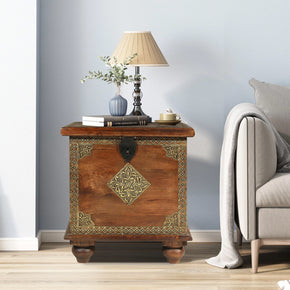 Solid Wood Chest End Table With Brass Accents