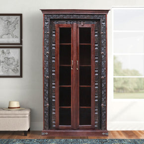 1900s Carved Doorframe Upcycled Curio Cabinet With Glass Doors