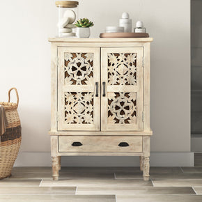 Farmhouse Style Lattice Carved Distressed White 32" Wide Wooden Storage Cabinet