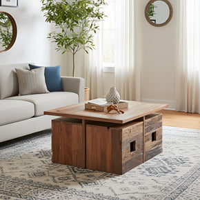 Solid Wood 36 in. Square Coffee Table With Pull Out Seating Stools