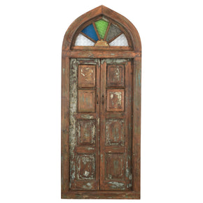Vintage 81in. Tall Teak Wood Door Arched Transom With Textured Glass