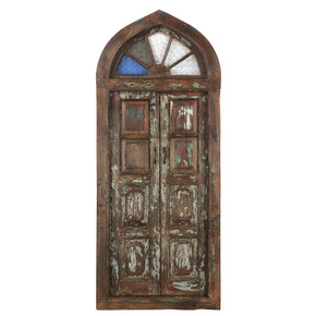 Vintage 81in. Tall Teak Wood Door Arched Transom With Textured Glass