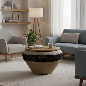 Farmhouse Style Woven Rope And Wood 30" Round Coffee Table