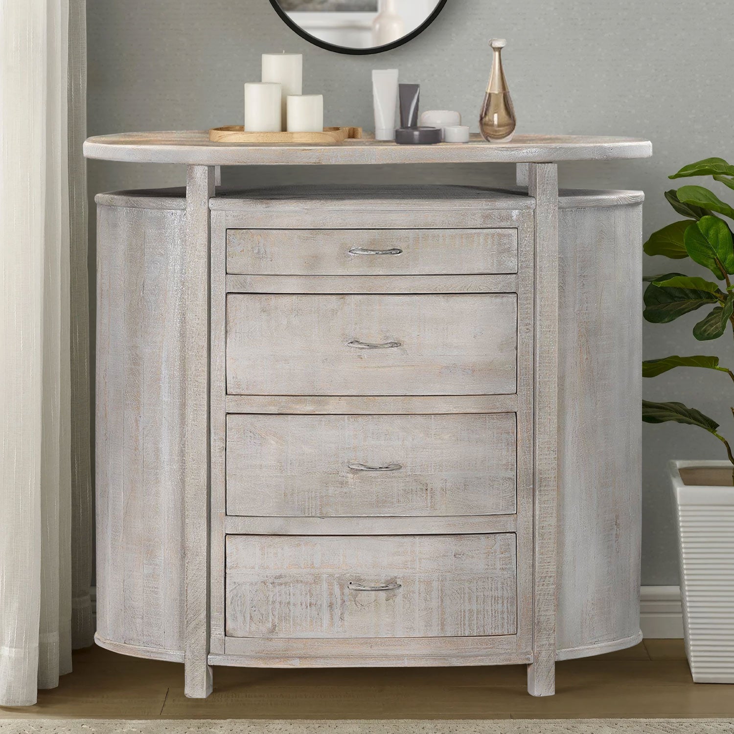 Mid Century Mod Oval 4 Drawers Solid Wood Dresser In Distressed White - Far Pavilions Mid Century Mod Oval 4 Drawers Solid Wood Dresser In Distressed White - Far Pavilions