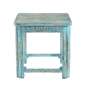 Farmhouse Style Hand Carved 18 in. Square End Table in Distressed Blue Finish