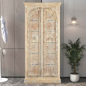 1900s Antique Teak Wood Door Upcycled 81 in Tall Armoire in Distressed White Finish