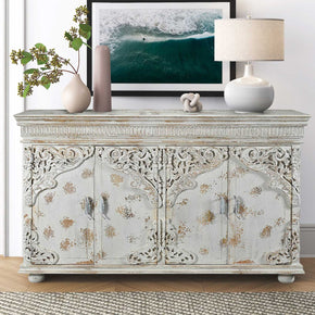 French Style Carved Doors 80 Inches Large Hand Painted White Sideboard Cabinet