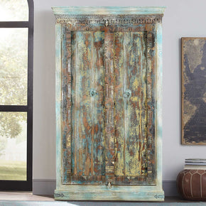 Eclectic Style 1900s Antique Distressed Blue Door Repurposed 79 in. Tall Bedroom Armoire
