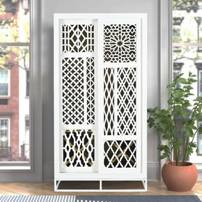 Modern Solid Wood Abstract Lattice Door White Finish Wine Bar Cabinet