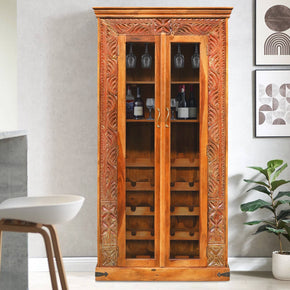Unique Vintage Carved Doorframe Repurposed Wine Bar Cabinet With Glass Doors