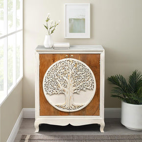 Eclectic Solid Wood Carved Tree Of Life 2-Door Cabinet - Distressed White
