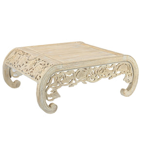 Unique Carved Lattice Scroll Legs Coffee Table In White Washed Finish