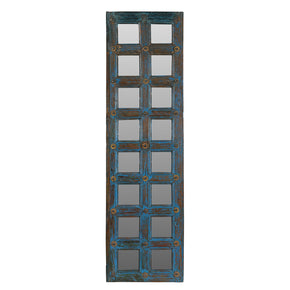 Vintage Distressed Blue Teak Wood 18in. Narrow Door With Mirror