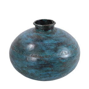 Vintage Distressed Blue Metal Water Vessel Vase