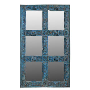 Vintage Hand Carved Distressed Blue Door With Mirror Accents
