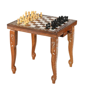 Eclectic Hand Inlaid Wooden Chess Board End Table With Wooden Pegs