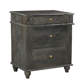 Transitional Style Hand Carved Solid Wood Ash Gray Nightstand With 3-Drawers