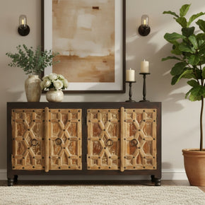 Vintage Distressed Doors Repurposed Two Tone 60 in. Long Solid Wood Buffet
