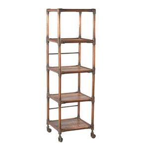 Eclectic Reclaimed Wood And Copper Pipes Repurposed 55 in. Tall Display Rack On Wheels