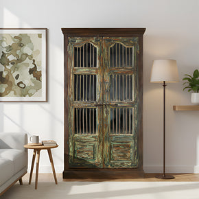Vintage Patio Door With Iron Grill Upcycled 45 in. Wide Solid Wood Armoire