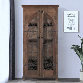 Ranch Style Distressed Wood Rustic Wine Cabinet With Iron Grills