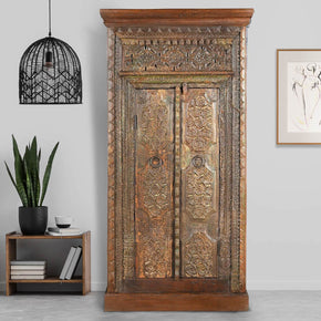 Antique Carved Door Repurposed Ranch Style 58 in. Tall Narrow Armoire