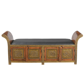 63 in. Long Solid Wood Chaise Bench With Brass Accents & Storage