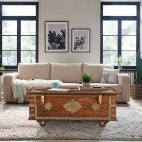 Transitional Style Orante Solid Wood Chest Coffee Table With Brass Accents