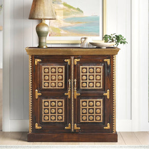 Transitional Style Solid Wood 2- Door Cabinet With Ornate Brass Accents