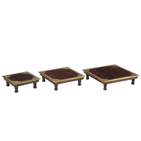 Ornate Wooden Risers With Brass Foil Accent - Set of 3