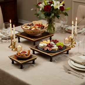 Ornate Wooden Risers With Brass Foil Accent - Set of 3