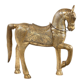 Vintage Solid Wood 25 in. Tall Horse Statue Cladded With Embossed Brass Foil