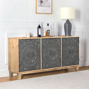 Transitional Style Hand Carved Floral Mandala Two Tone Solid Wood Sideboard