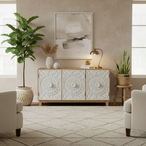 Transitional Style Hand Carved Floral Mandala Two Tone Solid Wood Sideboard