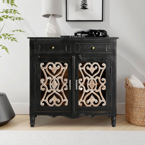 Farmhouse Style Rustic Iron Grill Solid Wood Cabinet With Drawers