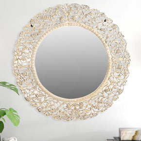 Vintage Wooden Lattice Carved 47 in. Round Distressed White Wall Mirror