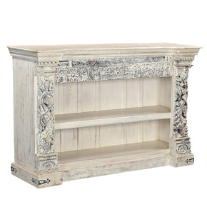 Rustic Antique Carvings Repurposed Solid Wood Display Case In Distressed White Finish