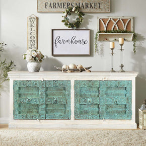 Antique Doors In Distressed Blue Upcycled 85 in. Long Credenza