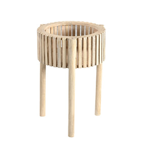 Mid Century Modern 16 in. Round Solid Wood Slatted Planter