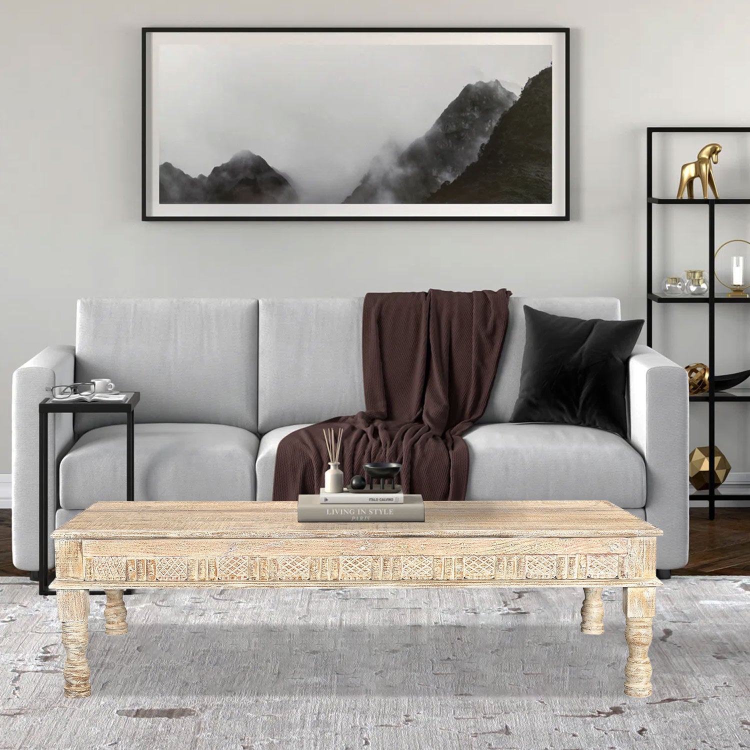 Farmhouse Style 71 in. Long Solid Wood Coffee Table In Distressed Whit ...