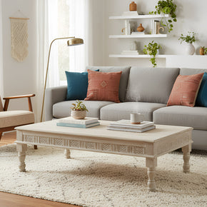 Farmhouse Style 71 in. Long Solid Wood Coffee Table In Distressed White Finish