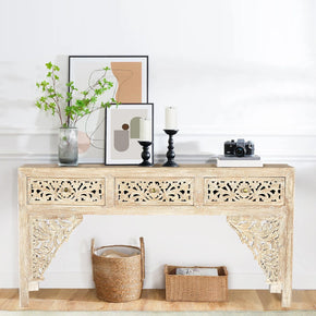 Transitional Style Wooden Carved Lattice Distressed White Console With Drawers