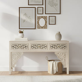 Transitional Style Wooden Carved Lattice Distressed White Console With Drawers