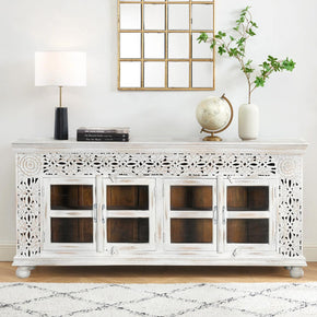 Transitional Style Lattice Carved 83 in. Long Sideboard With Glass Doors