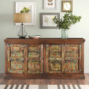 Country Style Distressed Blue Green Antique Doors 83 in. Long Solid Wood Credenza