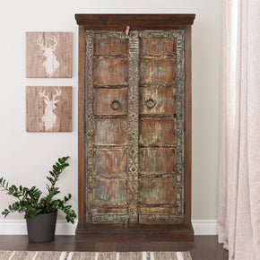 Antique Carved Door Repurposed 65 in. Tall Rustic Armoire