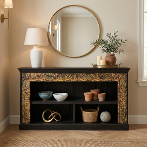 Farmhouse Style Antique Carved Lintel Repurposed 87" Long Solid Wood Console